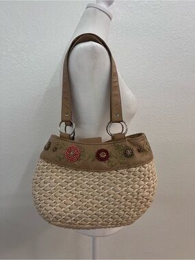 Woven Straw Shoulder Bag Floral Beaded Boho Purse Tan Faux Leather Trim